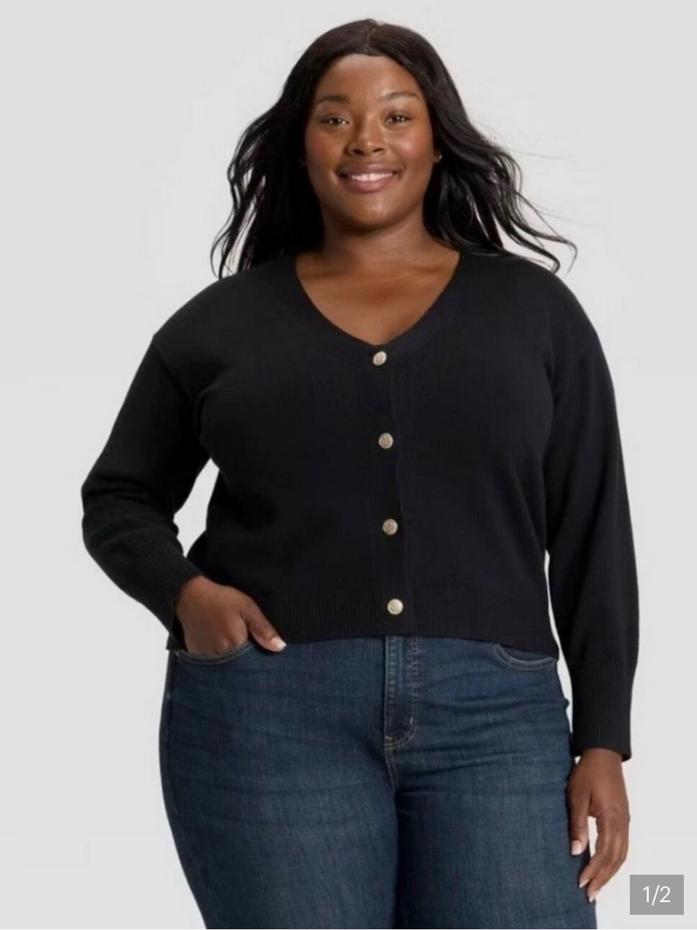 Ava & Viv Black V-Neck Button-Front Sweater